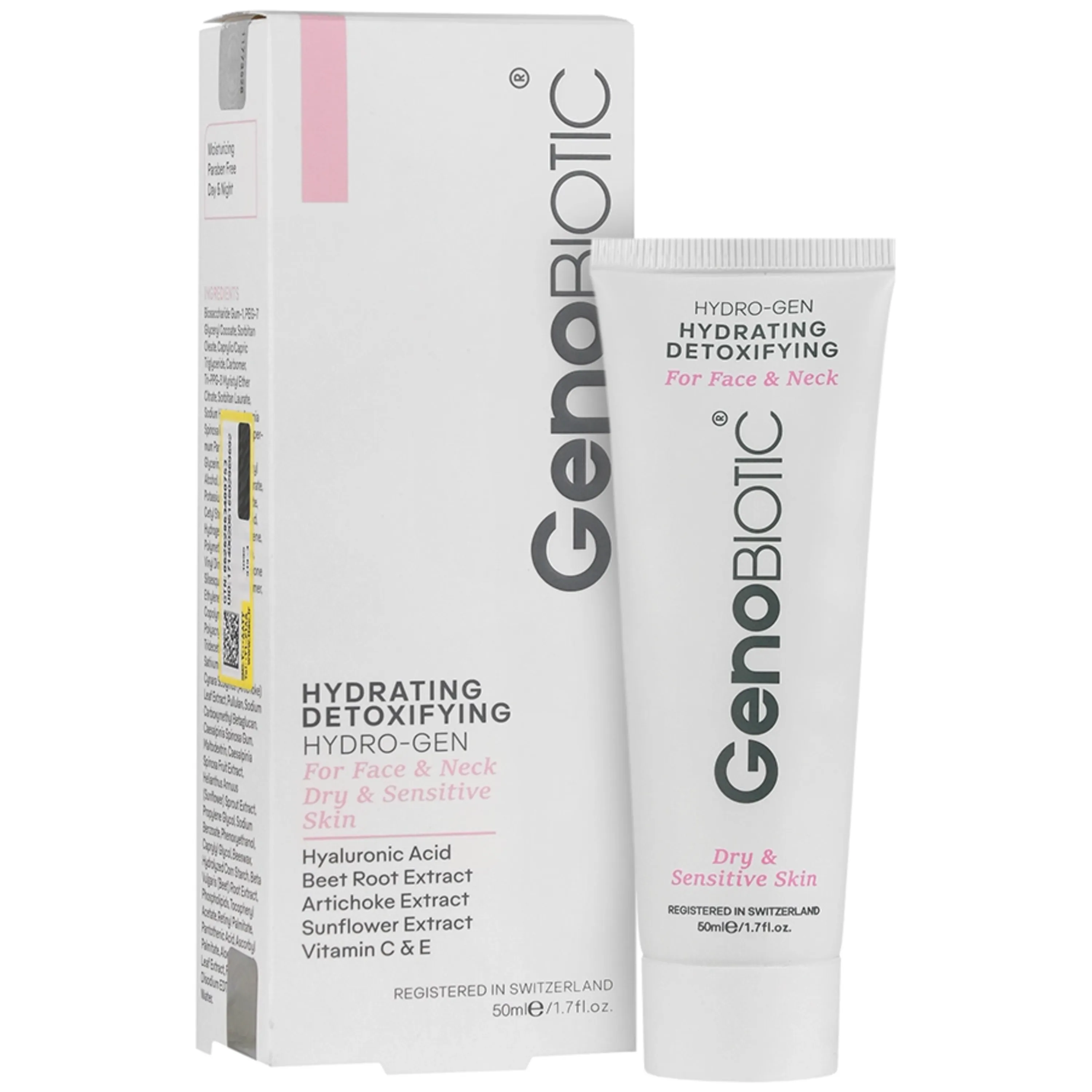 کرم رطوبت رسان و دتوکسیفای کننده صورت و گردن پوست خشک و حساس ژنوبایوتیک Genobiotic حجم 50 میلی