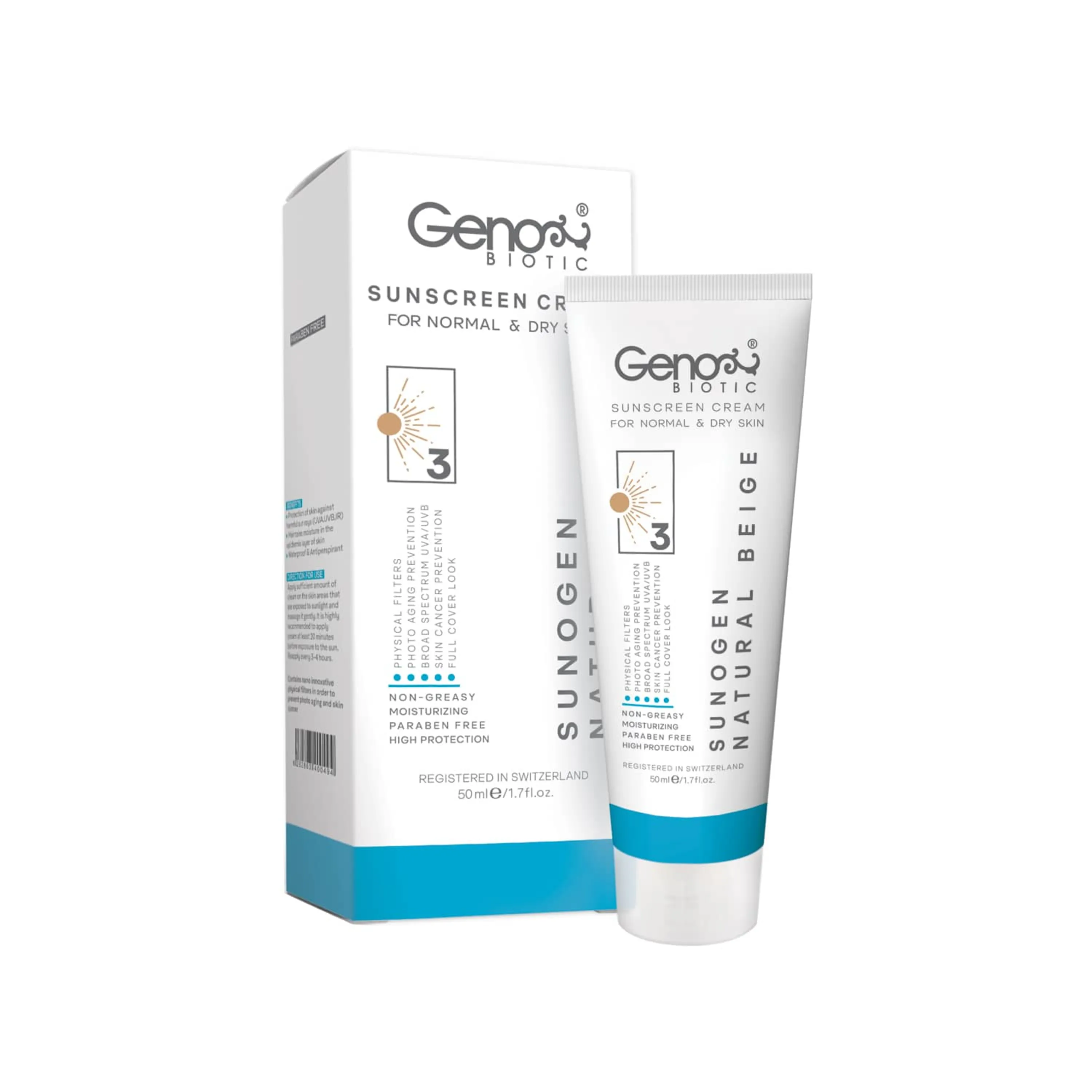 کرم ضدآفتاب پوست خشک و معمولی رنگ بژ طبیعی ژنوبایوتیک Genobiotic حجم 50 میلی