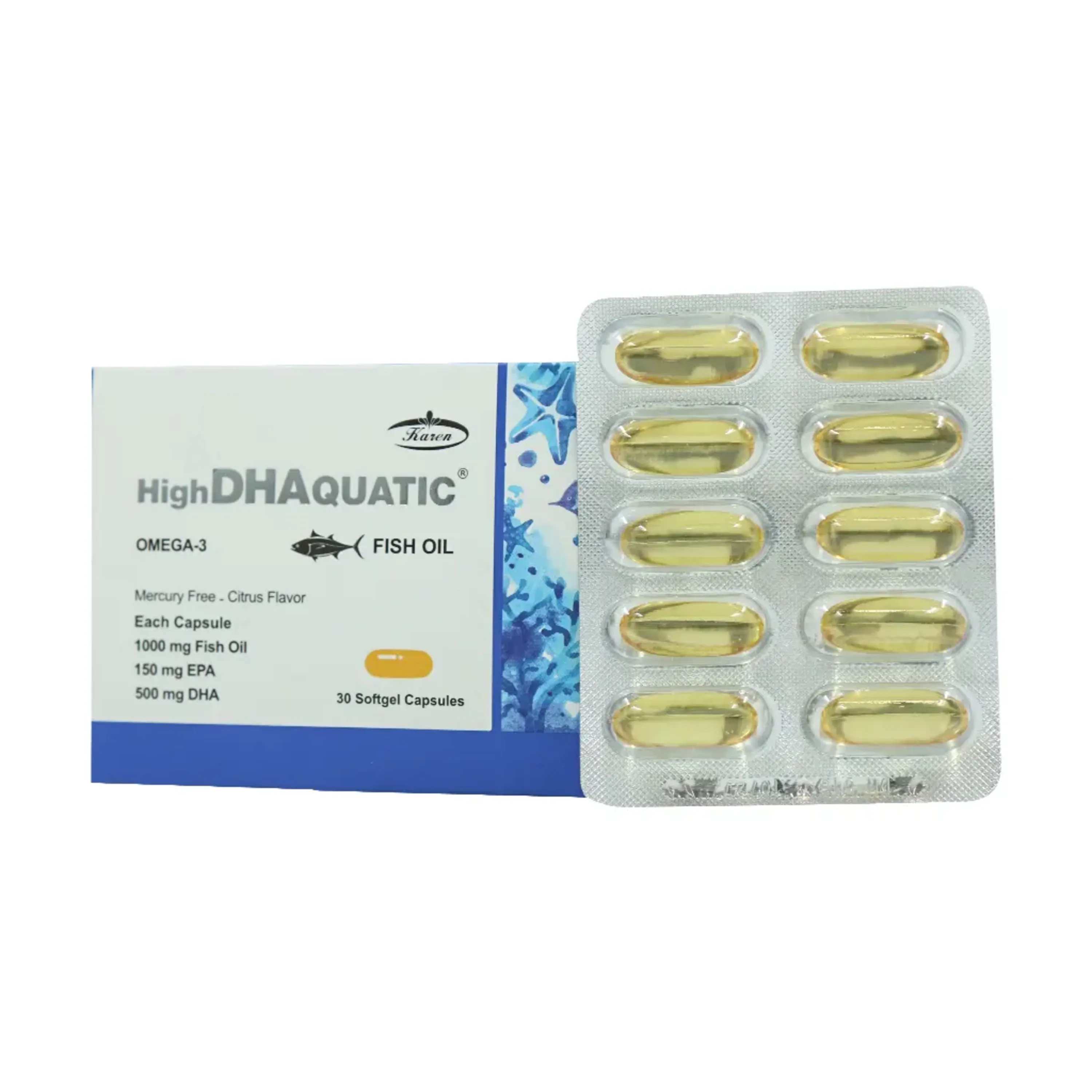 کپسول ژلاتینی DHA بالا آکواتیک روغن ماهی حاوی امگا 3 کارن 30 عددی