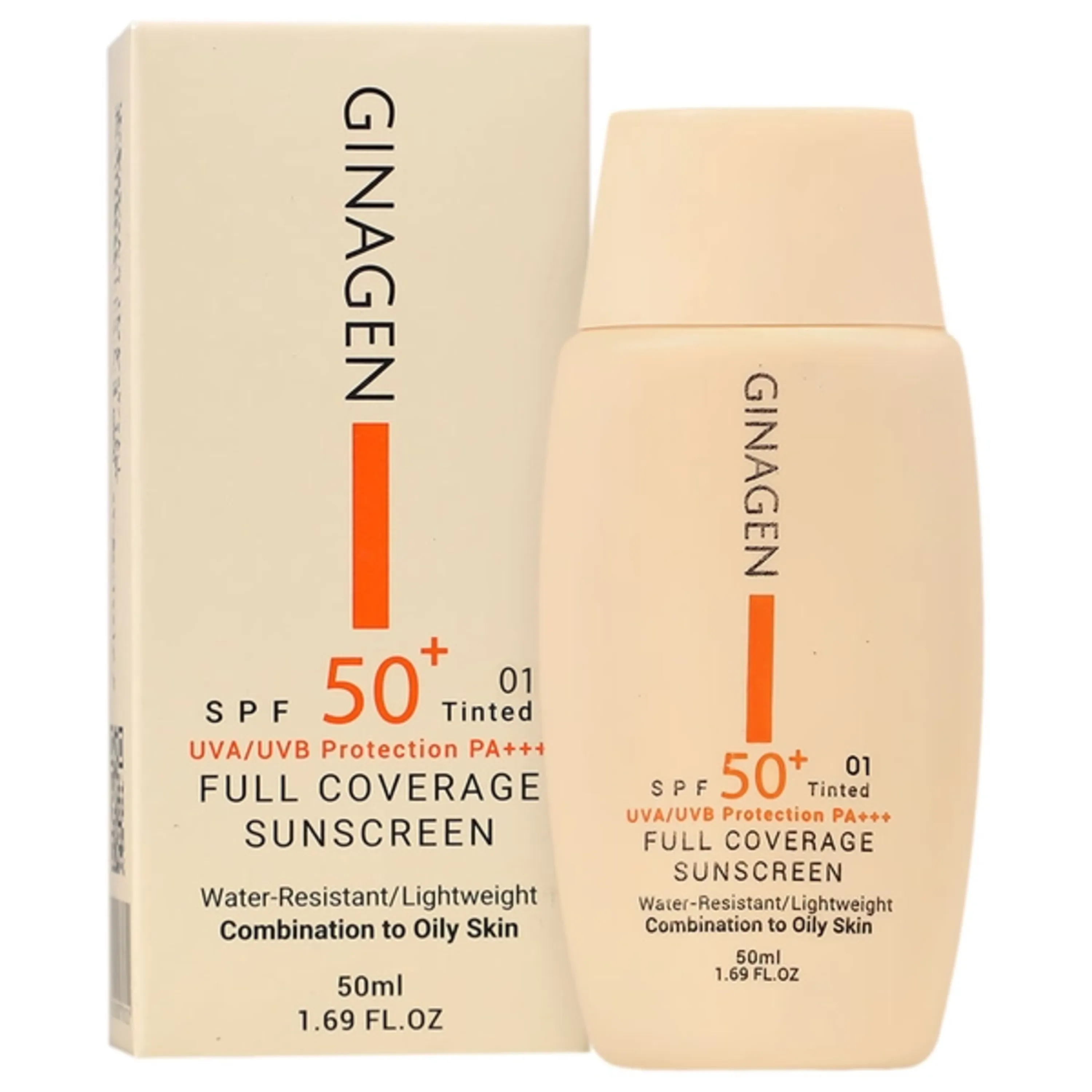 کرم ضد آفتاب رنگی 01 ژیناژن SPF50 مناسب پوست چرب و مختلط 50 میلی