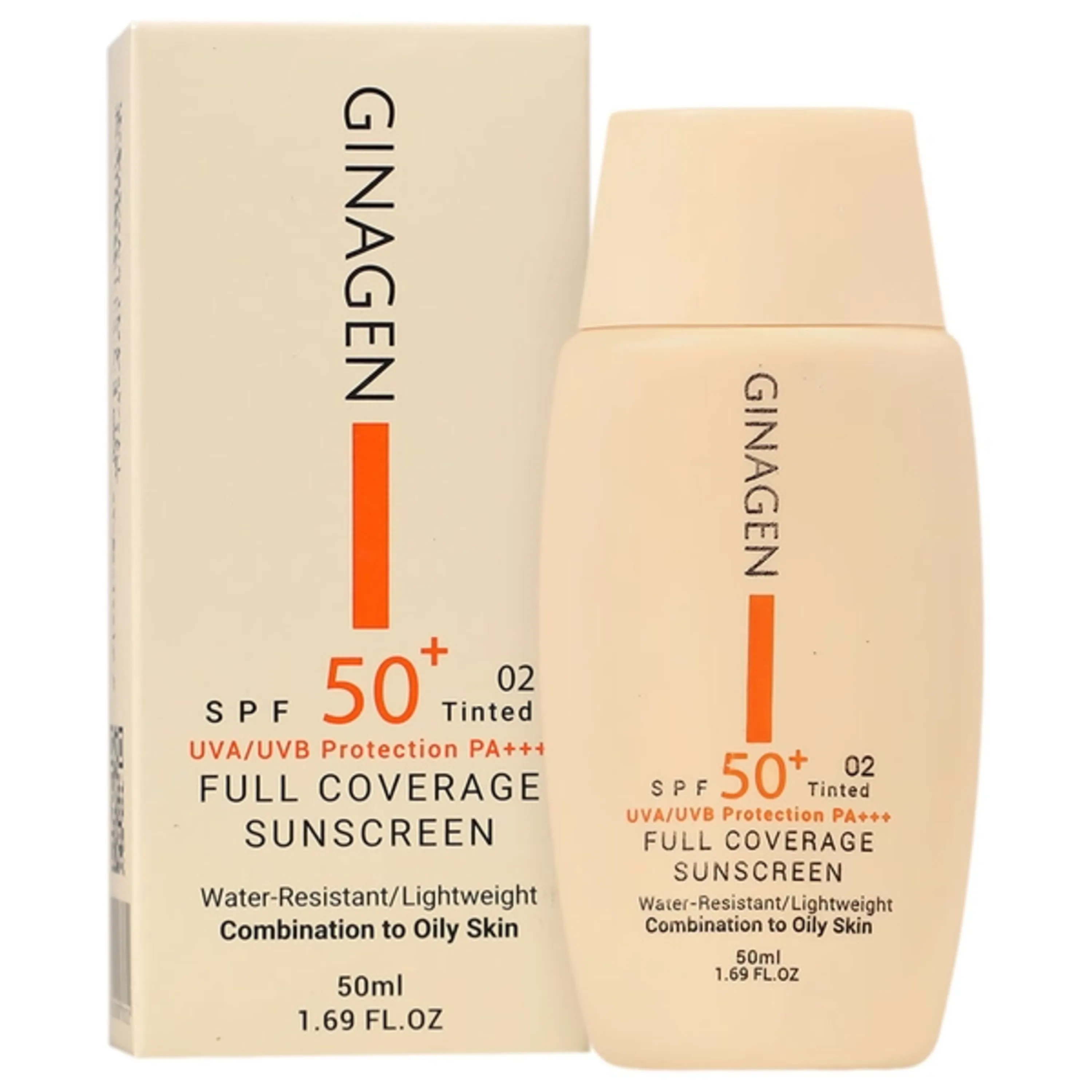 کرم ضد آفتاب رنگی 02 ژیناژن SPF50 مناسب پوست چرب و مختلط 50 میلی