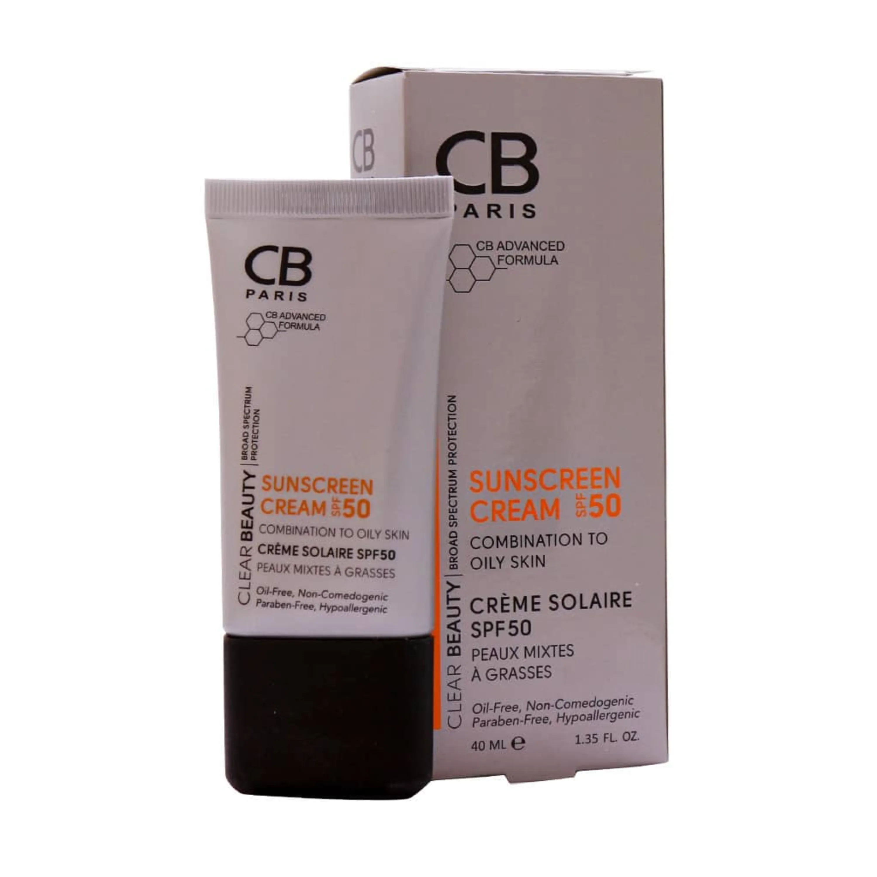 کرم ضد آفتاب بی رنگ SPF50 سی بی  پاریس مناسب پوست مختلط تا چرب 40 میلی