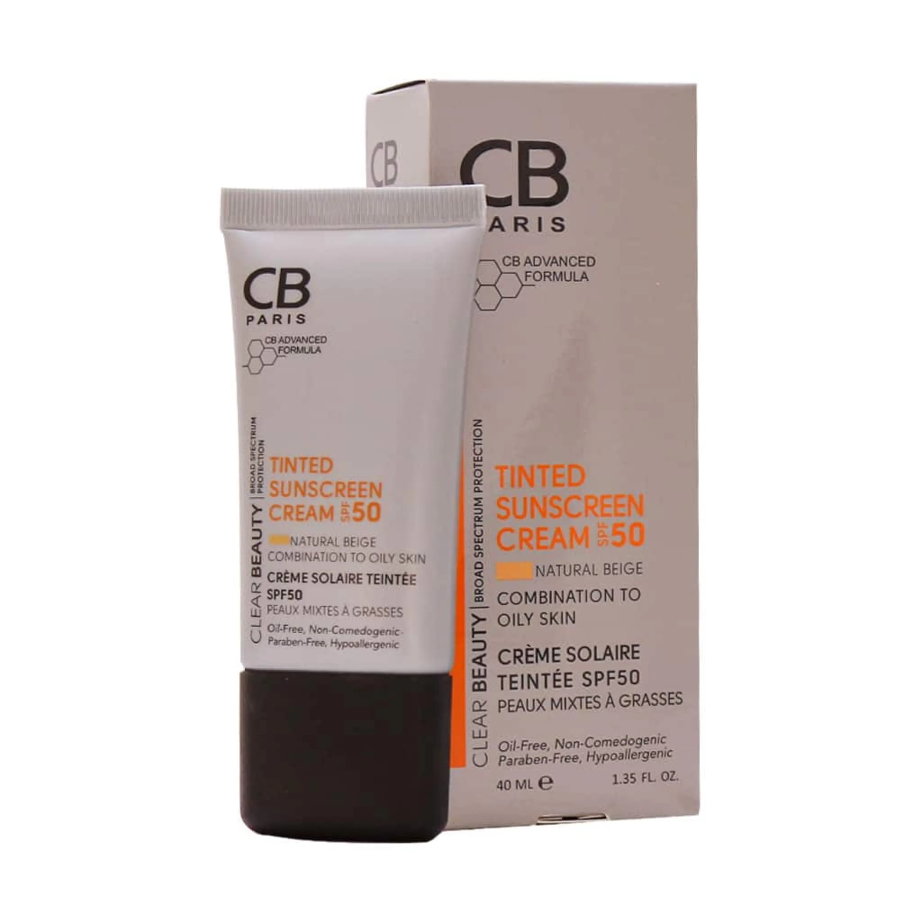 کرم ضد آفتاب رنگ بژ نچرال SPF50 سی بی پاریس مناسب پوست مختلط تا چرب 40 میلی