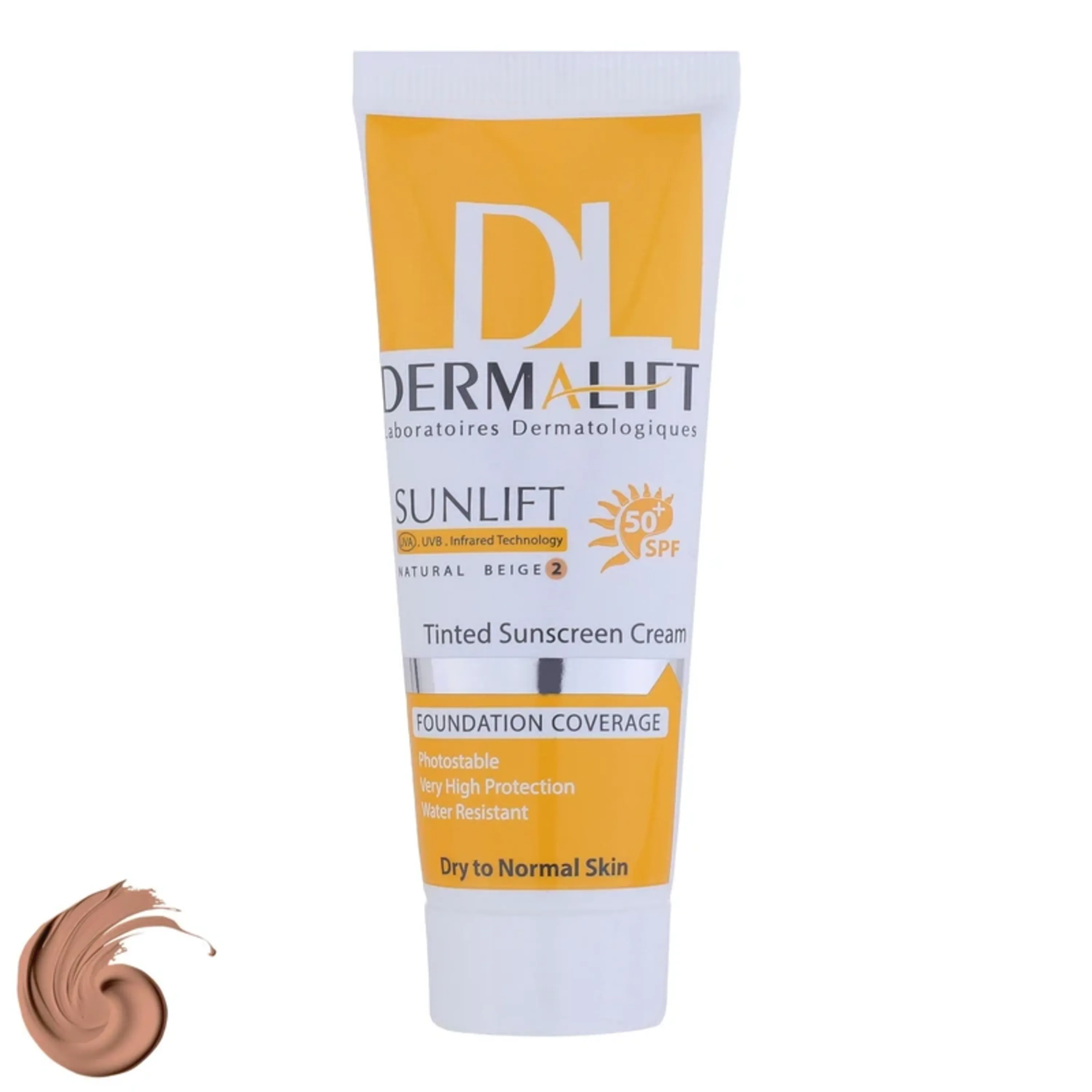 کرم ضد افتاب شماره 2 درمالیفت رنگ بژ طبیعی SPF50 مناسب پوست معمولی و خشک 40 میلی
